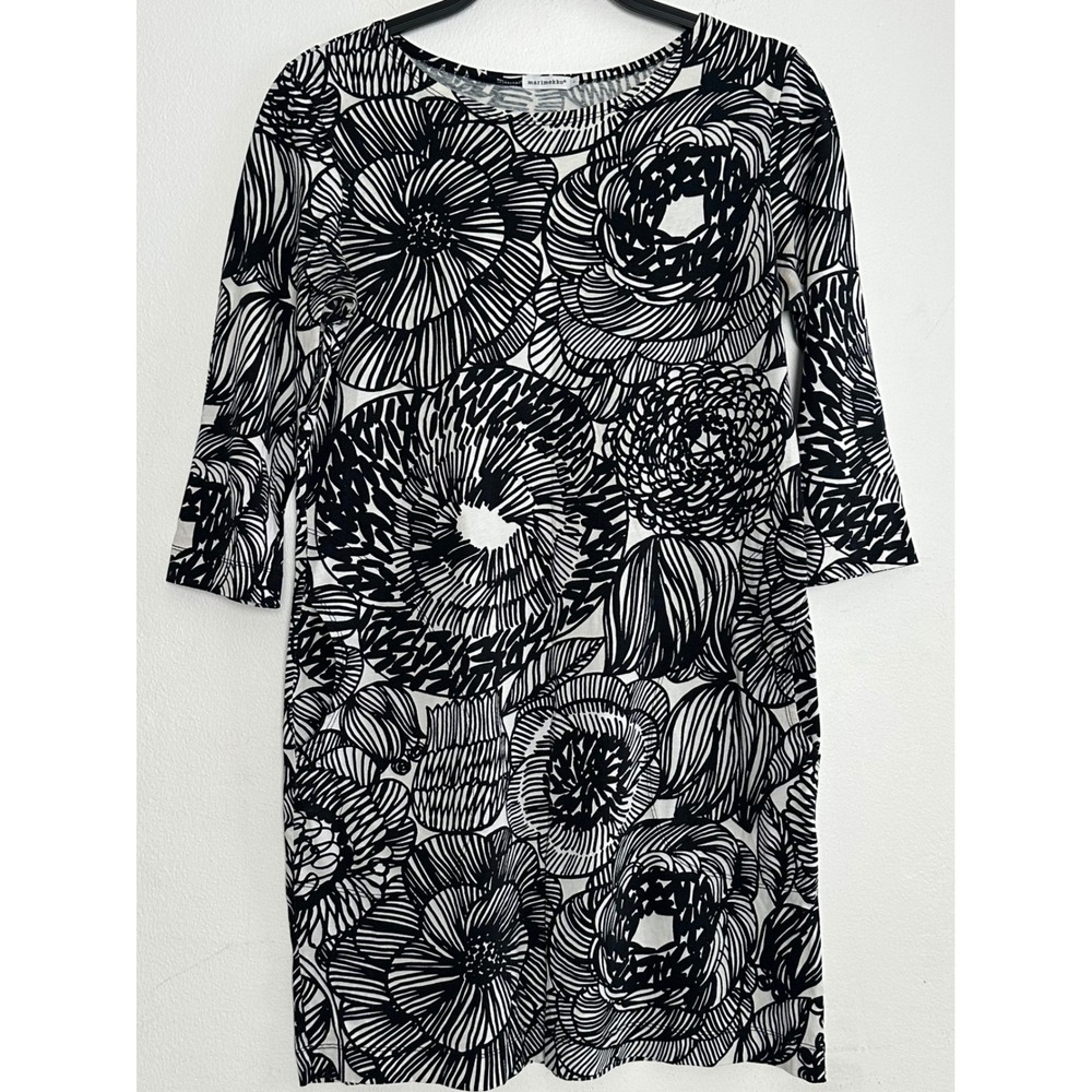 Marimekko Floral Tunic Shift Dress 3/4 Sleeve Pockets Size S Funky Artsy Retro